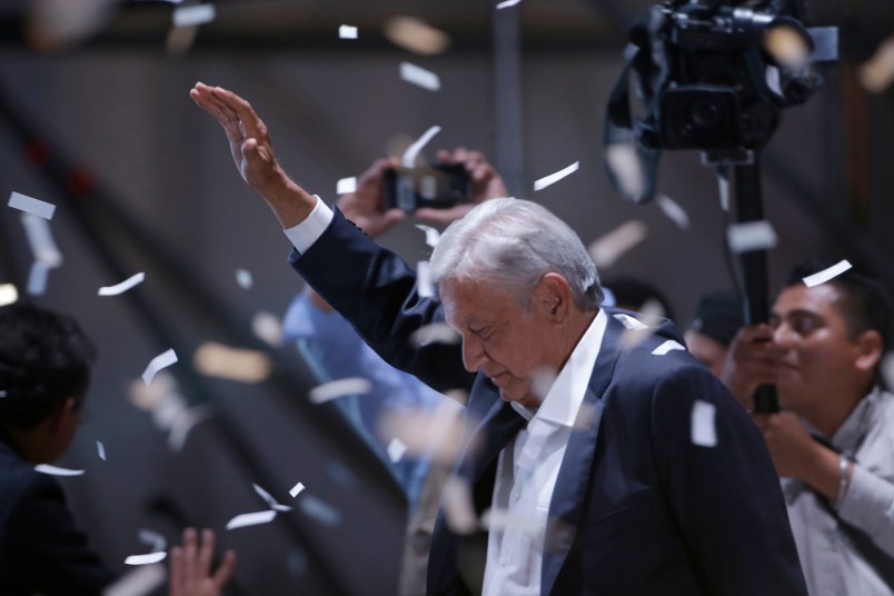 Presidential candidate Andres Manuel Lopez Obrador, of the MORENA party, at the zocalo in Mexico City,, Sunday, July 1, 2018. (AP Photo/Moises Castillo)