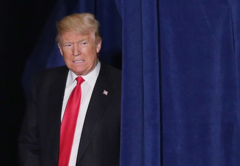 Republican presidential candidate Donald Trump delivers a speech about his vision for foreign policy at the Mayflower Hotel April 27, 2016 in Washington, DC. A real estate billionaire and reality television star, Trump beat his GOP challengers by double digits in Tuesday's presidential primaries in Pennsylvania, Maryland, Deleware, Rhode Island and Connecticut. 'I consider myself the presumptive nominee, absolutely,' Trump told supporters at the Trump Tower following yesterday's wins.