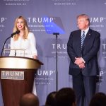 in the grand ballroom of Trump International Hotel, Ivanka Trump (center, speaking), with her family (l-r), Donald Trump Jr., U.S. Presidential candidate Donald J. Trump, and Eric Trump, talks about the grand opening of their latest property, Trump International Hotel - Old Post Office, in Washington, DC on October 26, 2016. The event was closed to the public, and included VIP guests and employees of Trump. (Photo by Cheriss May/NurPhoto)