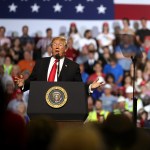 U.S. president Donald Trump greets supporters during a campaign rally at Four Seasons Arena on July 5, 2018 in Great Falls, Montana. President Trump held a campaign style 'Make America Great Again' rally in Great Falls, Montana with thousands in attendance.