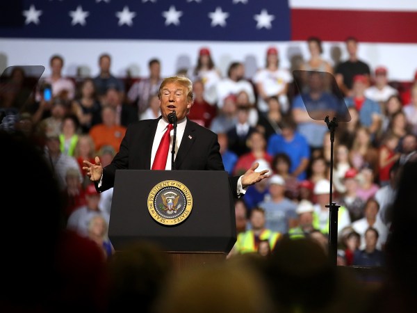 U.S. president Donald Trump greets supporters during a campaign rally at Four Seasons Arena on July 5, 2018 in Great Falls, Montana. President Trump held a campaign style 'Make America Great Again' rally in Great Falls, Montana with thousands in attendance.