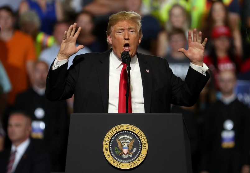 U.S. president Donald Trump greets supporters during a campaign rally at Four Seasons Arena on July 5, 2018 in Great Falls, Montana. President Trump held a campaign style 'Make America Great Again' rally in Great Falls, Montana with thousands in attendance.