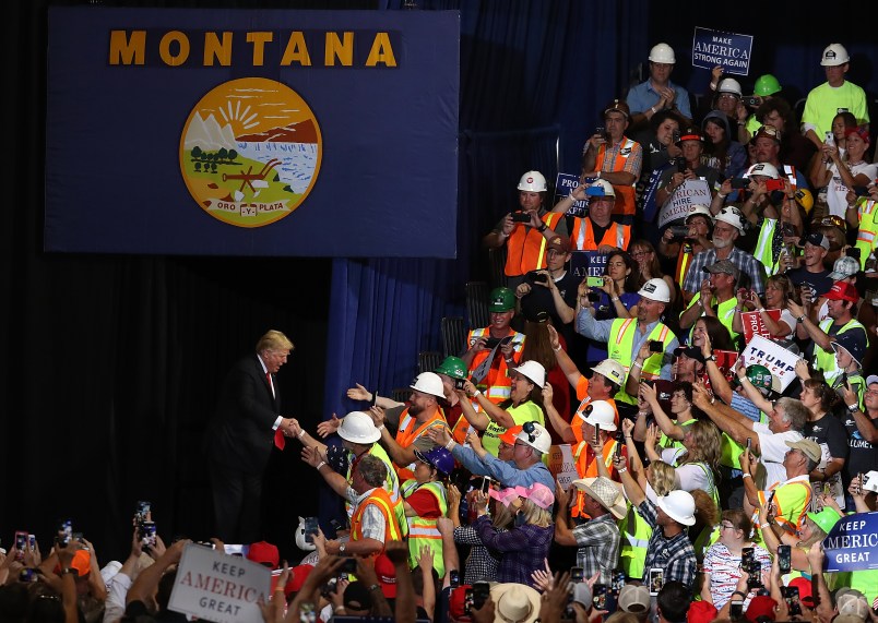 U.S. president Donald Trump greets supporters during a campaign rally at Four Seasons Arena on July 5, 2018 in Great Falls, Montana. President Trump held a campaign style 'Make America Great Again' rally in Great Falls, Montana with thousands in attendance.