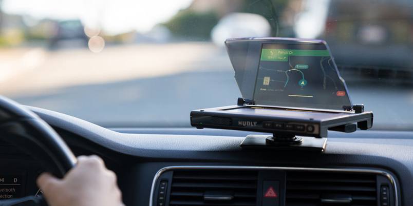 The Hudly Wireless Smart Driving Display and Hudly Lite keep your eyes on the road without losing track of your smartphone’s navigation.