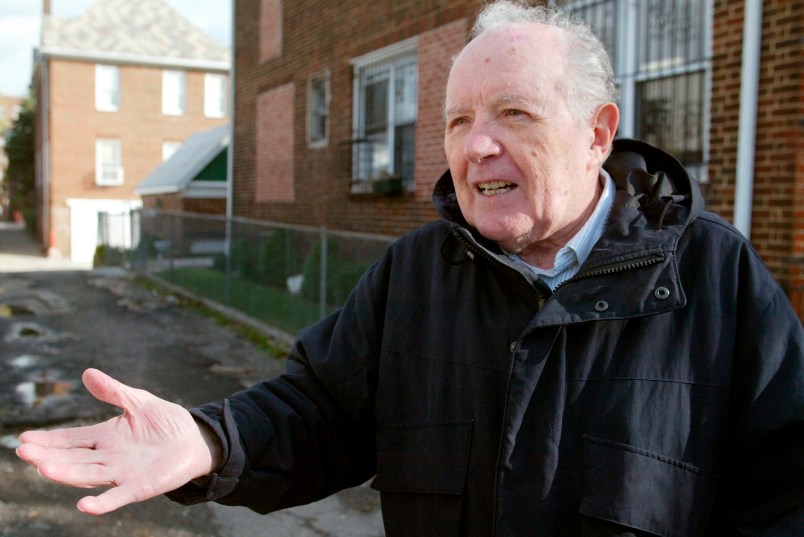 FILE - In this Nov. 20, 2003 file photo photo, Jakiw Palij stands out in front of a building in the Queens borough of New York. Palij is among at least 10 suspected Nazi war criminals ordered deported by the United States who never left the country, according to an Associated Press review of Justice Department data.  (Suzanne DeChillo/The New York Times via AP, File) - NO SALES - INTERNET OUT