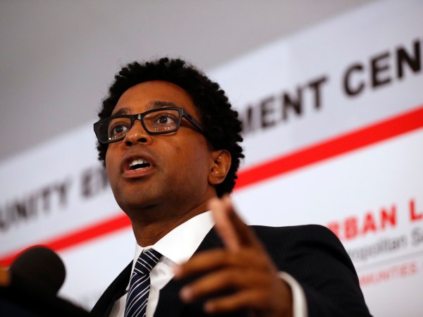 FILE - In this July 26, 2017 photo, Ferguson city council member Wesley Bell speaks during the dedication of a new community empowerment center in Ferguson, Mo. (AP Photo/Jeff Roberson, File)