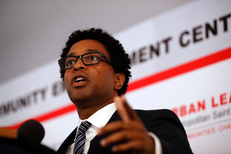 FILE - In this July 26, 2017 photo, Ferguson city council member Wesley Bell speaks during the dedication of a new community empowerment center in Ferguson, Mo. (AP Photo/Jeff Roberson, File)