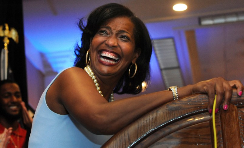 Jahana Hayes, Democratic candidate for the 5th Congressional District, and her supporters gather for primary election night Tuesday, August 14, 2018, at the Courtyard by Marriott Ballroom in Waterbury, Conn.(Erik Trautmann / Hearst Connecticut Media)