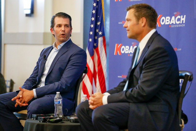 Donald Trump Jr., left, joins Kansas gubernatorial candidate Kris Kobach at a fundraising dinner at Noah's Event Venue in northeast Wichita, Kan. on Tuesday, July 17, 2018. (Fernando Salazar/Wichita Eagle/TNS)