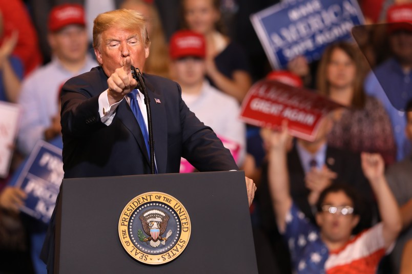 WILKES BARRE, PA - AUGUST 02: President Donald J. Trump singles out the media during his rally on August 2, 2018 at the Mohegan Sun Arena at Casey Plaza in Wilkes Barre, Pennsylvania. This is Trump's second rally this week; the same week his former campaign chairman Paul Manafort started his trial that stemmed from special counsel Robert Mueller's investigation into Russia’s alleged interference in the 2016 presidential election.  (Photo by Rick Loomis/Getty Images)