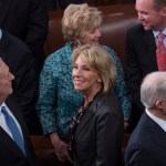 UNITED STATES - FEBRUARY 28: Secretary of Education Betsy DeVos,  is seen with other cabinet members in the House Chamber before President Donald Trump addressed a joint session of Congress in the Capitol, February 28, 2017. (Photo By Tom Williams/CQ Roll Call)