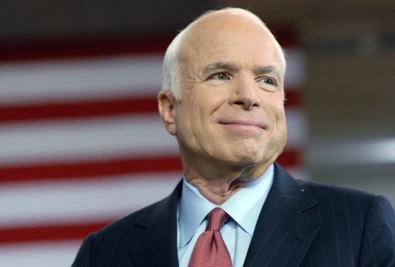 YORK, PA - AUGUST 12: Republican Presidential Candidate Sen. John McCain (R-Az.) speaks at a Town Hall Meeting while on the campaign trail in the Toyota Arena August 12, 2008 in York, Pennsylvania. Over one thousand people attended the Town Hall.  (Photo by William Thomas Cain/Getty Images)