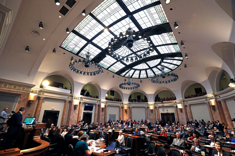 FRANKFORT, KY-APRIL 13: The House Chamber at the Kentucky State Capitol is shown as the legislature tries to wrap up its session by tomorrow April 13, 2018 in Frankfort, Kentucky. Kentucky Public school teachers rallied for a "day of action" at the Kentucky State Capitol to try to pressure legislators to override Kentucky Governor Matt Bevin's recent veto of the state's tax and budget bills The teachers also oppose a controversial pension reform bill which Gov. Bevin signed into law. (Photo by Bill Pugliano/Getty Images)