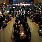 Pallbearers carry the casket out of Greater Grace Temple at the end of the funeral for Aretha Franklin, Friday, Aug. 31, 2018, in Detroit. Franklin died Aug. 16, 2018 of pancreatic cancer at the age of 76. (AP Photo/Jeff Roberson)