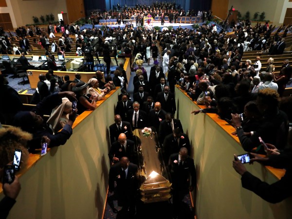 Pallbearers carry the casket out of Greater Grace Temple at the end of the funeral for Aretha Franklin, Friday, Aug. 31, 2018, in Detroit. Franklin died Aug. 16, 2018 of pancreatic cancer at the age of 76. (AP Photo/Jeff Roberson)