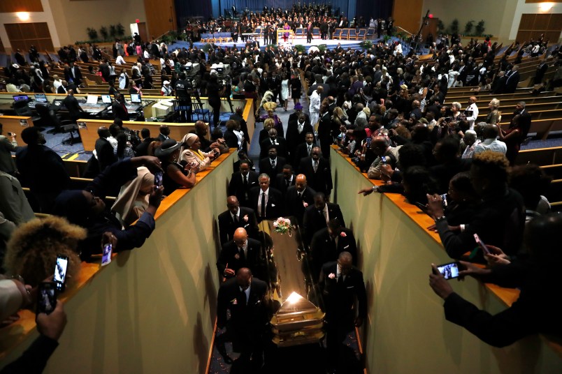 Pallbearers carry the casket out of Greater Grace Temple at the end of the funeral for Aretha Franklin, Friday, Aug. 31, 2018, in Detroit. Franklin died Aug. 16, 2018 of pancreatic cancer at the age of 76. (AP Photo/Jeff Roberson)