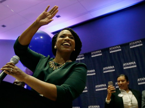 Boston City Councilor Ayanna Pressley celebrates victory over U.S. Rep. Michael Capuano, D-Mass., in the 7th Congressional House Democratic primary, Tuesday, Sept. 4, 2018, in Boston. (AP Photo/Steven Senne)