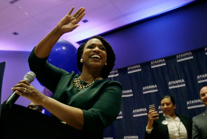 Boston City Councilor Ayanna Pressley celebrates victory over U.S. Rep. Michael Capuano, D-Mass., in the 7th Congressional House Democratic primary, Tuesday, Sept. 4, 2018, in Boston. (AP Photo/Steven Senne)