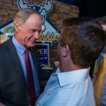Incumbent U.S. Sen. Tom Carper shakes hands from his supportert as he beats progressive political newcomer Kerri Evelyn Harris.