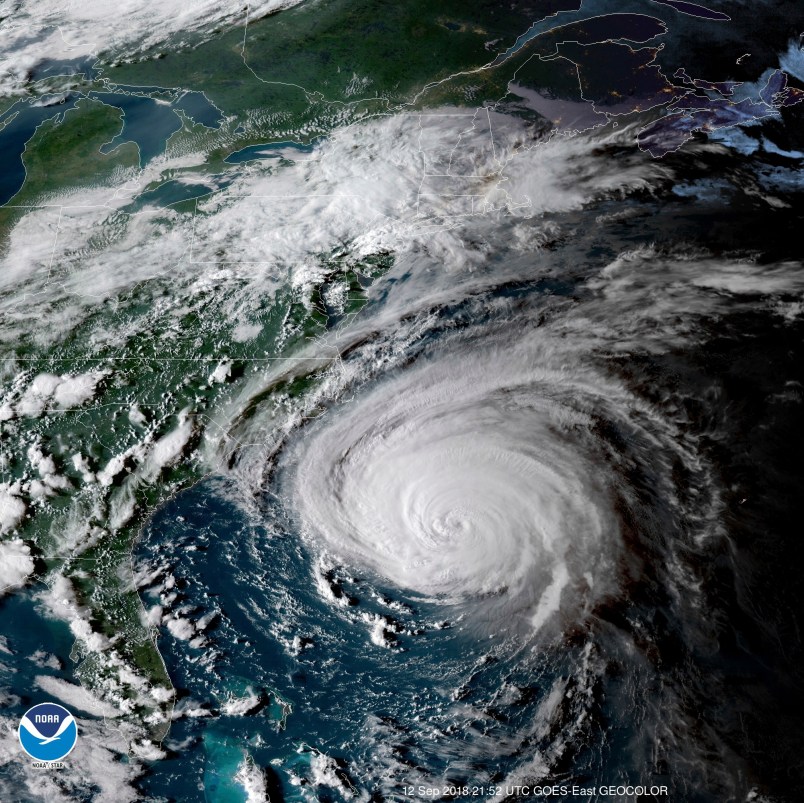 This enhanced satellite image made available by NOAA shows Hurricane Florence off the eastern coast of the United States on Wednesday, Sept. 12, 2018 at 5:52 p.m. EDT. (NOAA via AP)