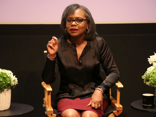 FILE - In this Dec. 8, 2017 file photo, Anita Hill speaks at a discussion about sexual harassment and how to create lasting change from the scandal roiling Hollywood at United Talent Agency in Beverly Hills, Calif. Hollywood executives and other major players in entertainment have established a commission to be chaired by Hill that intends to combat sexual misconduct and gender inequities across the industry. A statement Friday, Dec. 15, 2017, announced the founding of the Commission on Sexual Harassment and Advancing Equality in the Workplace. (Photo by Willy Sanjuan/Invision/AP, File)