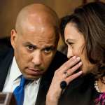 WASHINGTON, DC - Senators Corey Booker (D-NJ) and Kamala Harris (D-CA) speak quietly during Supreme Court nominee Brett Kavanaugh's confirmation hearing in the Senate Judiciary Committee on Capitol Hill in Washington, DC on Tuesday September 4, 2018. (Photo by Melina Mara/The Washington Post)