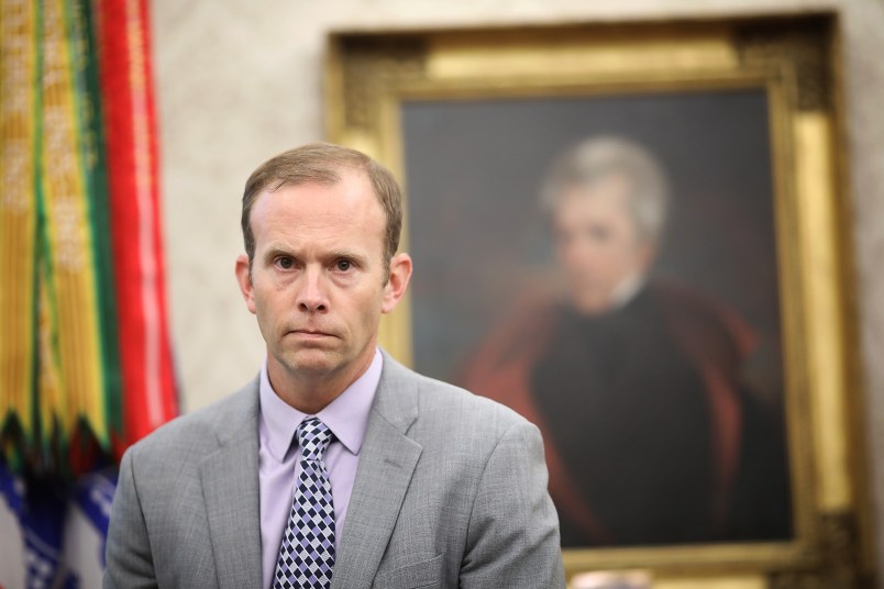 WASHINGTON, DC - SEPTEMBER 11:  FEMA Administrator Brock Long listens as U.S. President Donald Trump speaks during a meeting with Homeland Security Secretary Kirstjen Nielsen in the Oval Office September 11, 2018 in Washington, DC. Trump and Long warned coastal residents of North Carolina, South Carolina and Virginia to adhere to evacuation orders as Hurricane Florence approaches the east coast of the United States.  (Photo by Win McNamee/Getty Images)