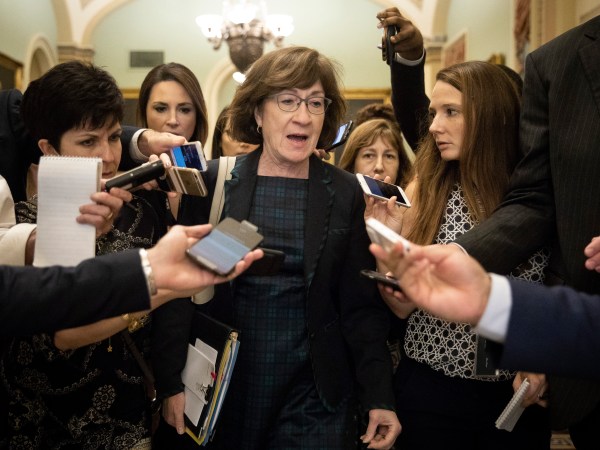 WASHINGTON, DC - SEPTEMBER 26: Sen. Susan Collins (R-ME) is surrounded by reporters following a closed-door meeting of Senate Republicans on Capitol Hill, September 26, 2018 in Washington, DC. Christine Blasey Ford, who has accused Kavanaugh of sexual assault, has agreed to testify before the Senate Judiciary Committee on Thursday. (Photo by Drew Angerer/Getty Images)