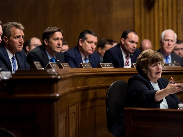 WASHINGTON, DC - SEPTEMBER 27: Rachel Mitchell, counsel for Senate Judiciary Committee Republicans, questions Dr. Christine Blasey Ford as Senators, from left, Mike Crapo, R-Idaho, Jeff Flake, R-Ariz., Ben Sasse, R-Neb., Ted Cruz, R-Texas, Mike Lee, R-Utah., and John Cornyn, R-Texas, listen during the Senate Judiciary Committee hearing on the nomination of Brett M. Kavanaugh on Capitol Hill September 27, 2018 in Washington, DC. A professor at Palo Alto University and a research psychologist at the Stanford University School of Medicine, Ford has accused Supreme Court nominee Judge Brett Kavanaugh of sexually assaulting her during a party in 1982 when they were high school students in suburban Maryland. (Photo By Tom Williams-Pool/Getty Images)