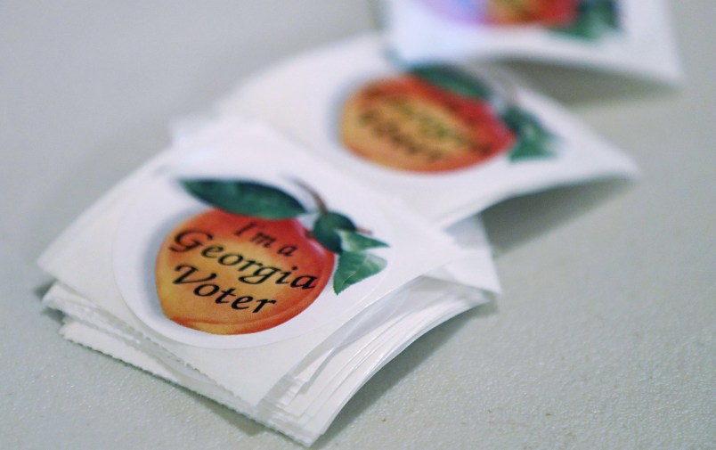 TUCKER, GA - JUNE 20: 'I'm a Georgia Voter' stickers are available for people to cast their ballots during a special election in Georgia's 6th Congressional District special election at St. Bede's Episcopal Church on June 20, 2017 in Tucker, Georgia. Democratic candidate Jon Ossoff and Republican candidate Karen Handel are running to replace Tom Price, who is now the Secretary of Health and Human Services. The election will fill a congressional seat that has been held by a Republican since the 1970s. (Photo by Joe Raedle/Getty Images)