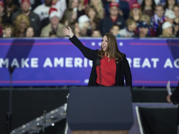 RNC chair Ronna Romney McDaniel waves to the crowd during a Make America Great Again rally at Total Sports Park in Washington Township, Mich., on Saturday, April 28, 2018. (Junfu Han/Detroit Free Press/TNS)