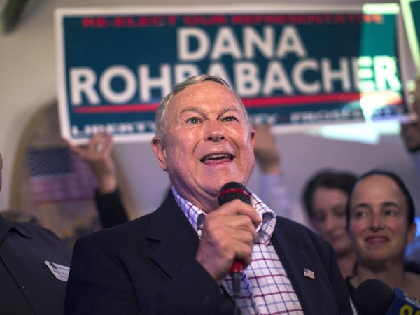 COSTA MESA, CA - JUNE 05: Republican Rep. Dana Rohrabacher, 48th District, speaks to supporters on election night at his campaign headquarters on June 5, 2018 in Costa Mesa, California. California could play a determining role in upsetting Republican control the U.S. Congress. Democrats hope to win 10 of the 14 seats held by Republicans.   (Photo by David McNew/Getty Images)