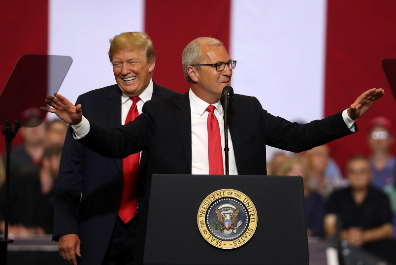 U.S. president Donald Trump speaks to supporters during a campaign rally at Scheels Arena on June 27, 2018 in Fargo, North Dakota. President Trump held a campaign style "Make America Great Again" rally in Fargo, North Dakota with thousands in attendance.