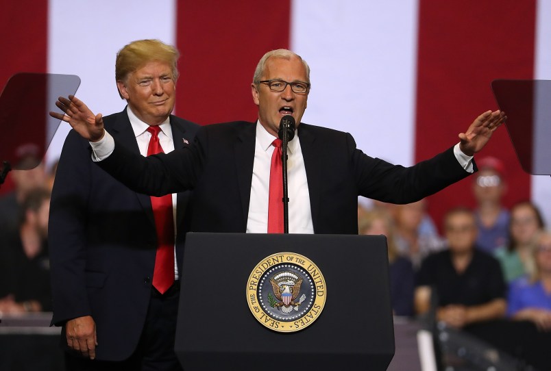U.S. president Donald Trump speaks to supporters during a campaign rally at Scheels Arena on June 27, 2018 in Fargo, North Dakota. President Trump held a campaign style "Make America Great Again" rally in Fargo, North Dakota with thousands in attendance.