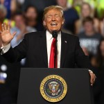 U.S. president Donald Trump greets supporters during a campaign rally at Four Seasons Arena on July 5, 2018 in Great Falls, Montana. President Trump held a campaign style 'Make America Great Again' rally in Great Falls, Montana with thousands in attendance.