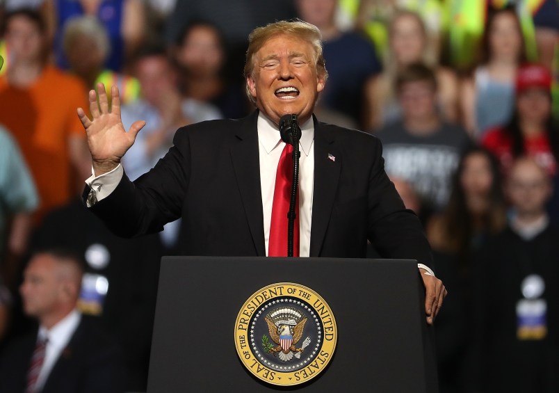 U.S. president Donald Trump greets supporters during a campaign rally at Four Seasons Arena on July 5, 2018 in Great Falls, Montana. President Trump held a campaign style 'Make America Great Again' rally in Great Falls, Montana with thousands in attendance.