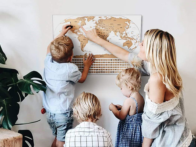 The World Travel Tracker Scratch Off Maps tallies your trips and your state park visits with scratch-off, multi-colored countries and parks.
