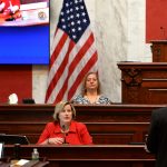 West Virginia House Judiciary Chairman John Shott(right, back to camera) questions Supreme Court Justice Beth Walker during her Impeachment trial Monday October 1, 2018.  The West Virginia Senate is impeaching all five sitting West Virginia Supreme Court Justices over misspent public funds. (KennyKemp/GazetteMail via AP)