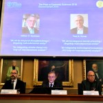 Per Strömberg, professor, Göran K. Hansson and Per Krusell annonces the laureates of the Nobel Prize in Economics during a press conference at the The Royal Swedish Academy of Sciences i Stockholm, 7 Ocktober, 2018. The prize is devided between William D. Nordhaus och Pau M Romer.Photo : Henrik Montgomery / TT ** SWEDEN OUT **