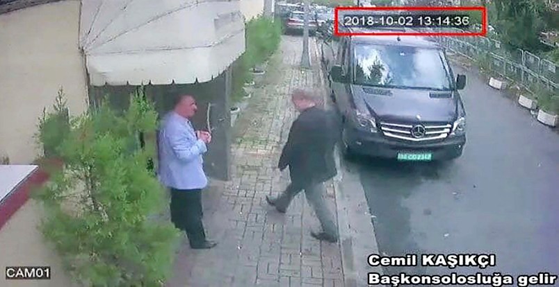 A still image made available to the Associated Press on Tuesday Oct. 9, 2018 taken from CCTV video obtained by the Turkish newspaper Hurriyet claiming to show Saudi journalist Jamal Khashoggi entering the Saudi consulate in Istanbul, Turkey on Oct. 2, 2018. Turkey said Tuesday it will search the Saudi Consulate in Istanbul as part of an investigation into the disappearance of a missing Saudi contributor to The Washington Post, a week after he vanished during a visit there. (CCTV via Hurriyet via)