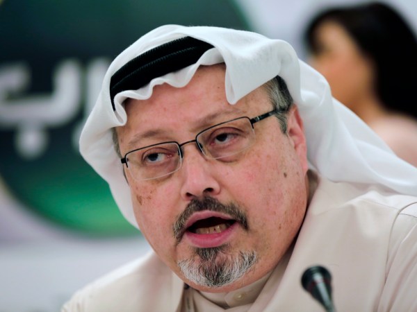 FILE - In this Feb. 1, 2015, file photo, Saudi journalist Jamal Khashoggi speaks during a press conference in Manama, Bahrain. The Washington Post said Wednesday, Oct. 3, 2018, it was concerned for the safety of Khashoggi, a columnist for the newspaper, after he apparently went missing after going to the Saudi Consulate in Istanbul. (AP Photo/Hasan Jamali, File)