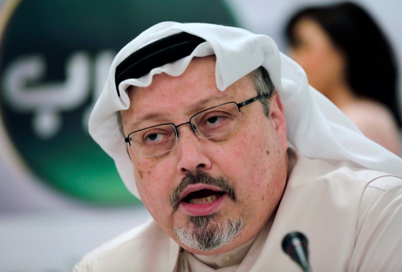 FILE - In this Feb. 1, 2015, file photo, Saudi journalist Jamal Khashoggi speaks during a press conference in Manama, Bahrain. The Washington Post said Wednesday, Oct. 3, 2018, it was concerned for the safety of Khashoggi, a columnist for the newspaper, after he apparently went missing after going to the Saudi Consulate in Istanbul. (AP Photo/Hasan Jamali, File)