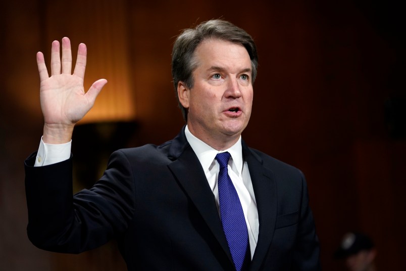 Supreme Court nominee Brett Kavanaugh is sworn in to testify before the Senate Judiciary Committee on Capitol Hill in Washington, Thursday, Sept. 27, 2018. (AP Photo/Andrew Harnik, Pool)