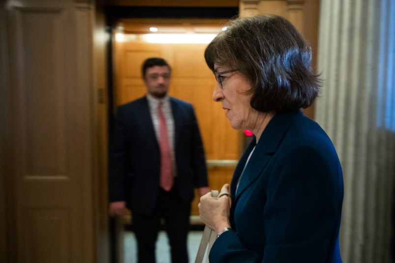 WASHINGTON, DC - OCTOBER 3: Sen. Susan Collins (R-ME) heads to the Senate floor for a vote, at the U.S. Capitol, October 3, 2018 in Washington, DC. An FBI report on current allegations against Supreme Court nominee Brett Kavanaugh is expected by the end of this week, possibly later today. (Photo by Drew Angerer/Getty Images)