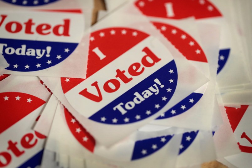 DES MOINES, IA - OCTOBER 08:  Stickers are made available to voters who cast a ballot in the midterm elections at the Polk County Election Office on October 8, 2018 in Des Moines, Iowa. Today was the first day of early voting in the state.  (Photo by Scott Olson/Getty Images)