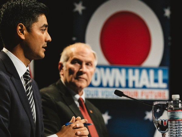CINCINNATI, OH - OCTOBER, 16: Aftab Pureval, left, and Steve Chabot, right, debated on October 16, 2018 in Cincinnati, Ohio at the Mayerson Jewish Community Center.Chabot, the incumbent Republican for Ohio's 1st Congressional District, debated Aftab Pureval, the Democrat challenging for the seat. Hosted by WKRC-TV, this is the first in a series of three debates between the candidates, who have a repuation of attacking one another in what's become a fiery campaign. (Andrew Spear for The Washington Post via Getty Images)