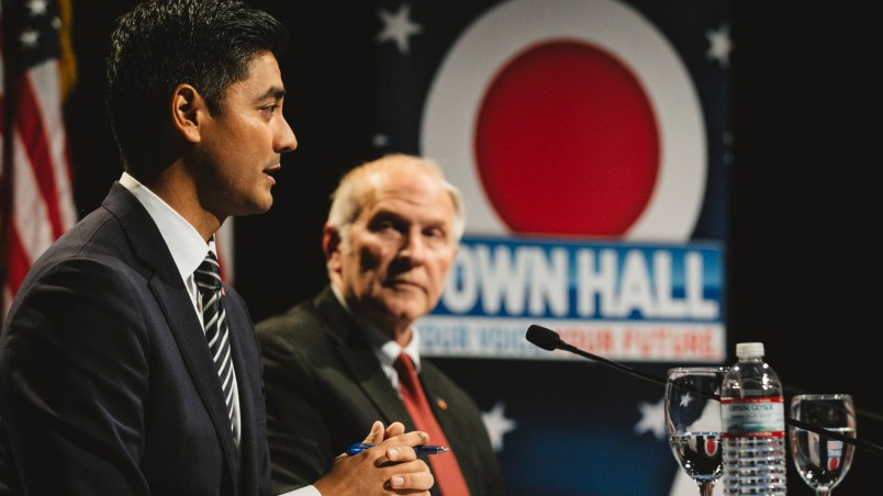 CINCINNATI, OH - OCTOBER, 16: Aftab Pureval, left, and Steve Chabot, right, debated on October 16, 2018 in Cincinnati, Ohio at the Mayerson Jewish Community Center.Chabot, the incumbent Republican for Ohio's 1st Congressional District, debated Aftab Pureval, the Democrat challenging for the seat. Hosted by WKRC-TV, this is the first in a series of three debates between the candidates, who have a repuation of attacking one another in what's become a fiery campaign. (Andrew Spear for The Washington Post via Getty Images)