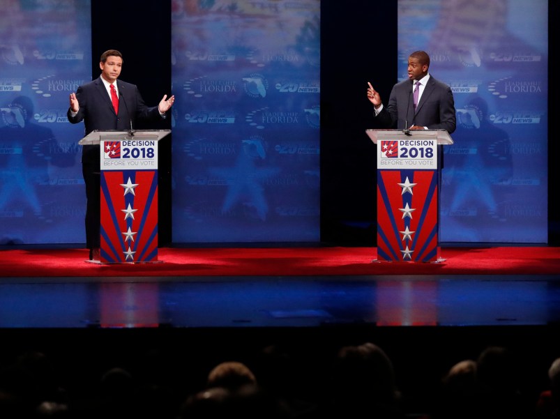 Florida gubernatorial candidates, Republican Ron DeSantis, left, and Democrat Andrew Gillum debate, Wednesday, Oct. 24, 2018, at Broward College in Davie, Fla. (AP Photo/Wilfredo Lee, Pool)