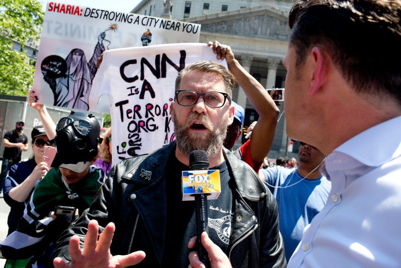 NEW YORK, NY - JUNE 10: The alt-right leader and former co-founder of Vice Magazine Gavin McInnes attends an Act for America rally to protest sharia law on June 10, 2017 in Foley Square in New York City. Members of the Oath Keepers and the Proud Boys, right wing Trump supporting groups that are willing to directly confront and engage left-wing anti-Trump protestors, attended the event. (Photo by Andrew Lichtenstein/ Corbis via Getty Images)