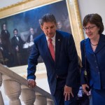 UNITED STATES - JANUARY 22: Sens. Joe Manchin, D-W.Va., and Susan Collins, R-Maine, make their way to a news conference in the Capitol after the Senate passed a continuing resolution to reopen the government on January 22, 2018. (Photo By Tom Williams/CQ Roll Call)